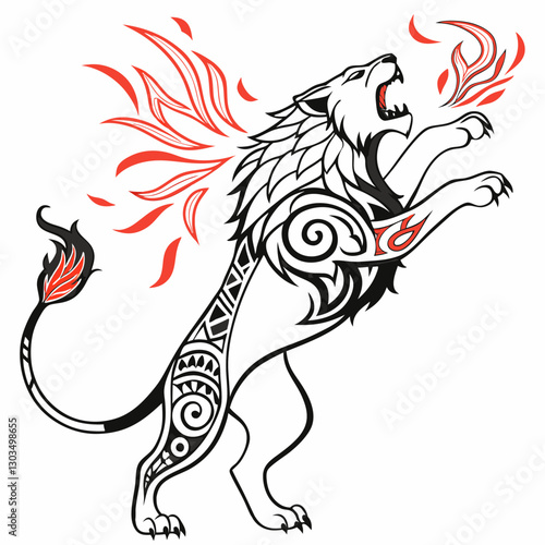 A fierce tribal tattoo-style lion illustration, featuring intricate fire patterns that exude power and energy