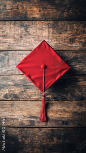 Red Graduation Cap Resting on Wooden Table With Blurred Background