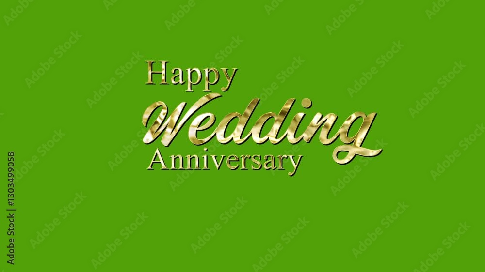 Happy wedding anniversary golden text animation with shine effect on green screen background