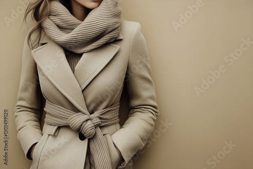 Stylish Woman in Beige Coat and Scarf Against Neutral Background in Urban Set...