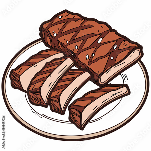 Vector closeup photoshoot of, BBQ Ribs in a white plate, isolated on white background
