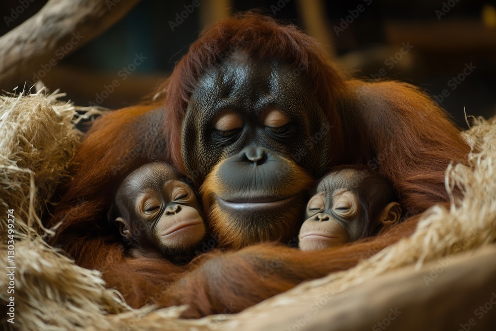 Mother orangutan embracing two baby orangutans while sleeping Mother orangutan embracing two baby orangutans while sleeping