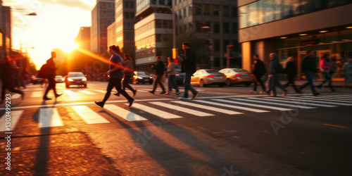 A lot of people walk along the pedestrian crossing during rush hour