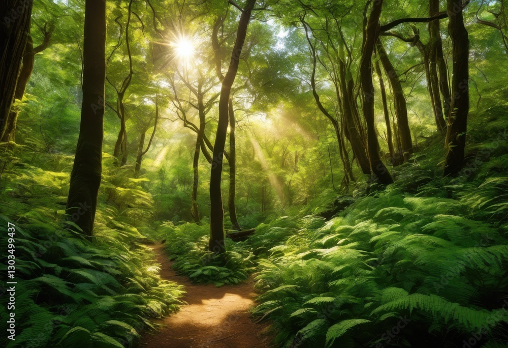 Fototapeta premium exploring lush forest paths surrounded vibrant greenery filled rich flora lush vegetation, nature, leaves, trees, shrubbery, moss, groundcover, foliage