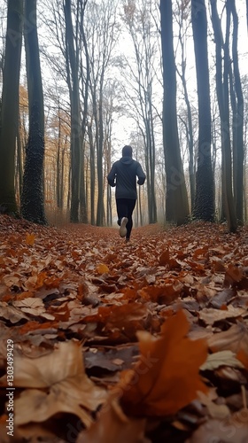 Person Jogging on a Forest Trail Covered in Autumn Leaves During a Foggy Morning