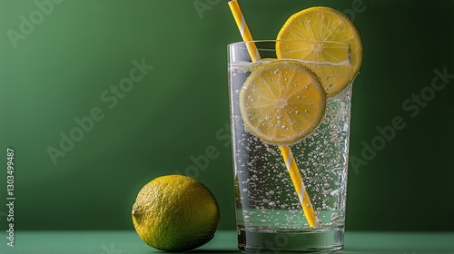 Refreshing Beverage With Lemon Slices in a Glass Against a Simple Green Backg...