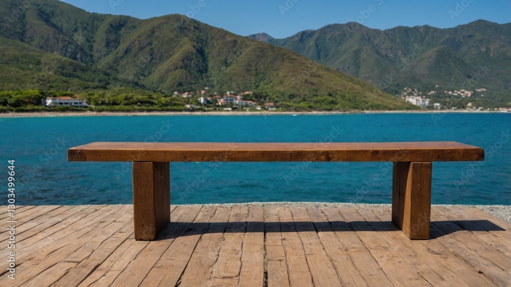 A Wooden Table Overlooking Mountains and Blue Waters A Wooden Table Overlooking Mountains and Blue Waters