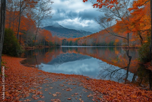 Vibrant Autumn Landscape With Colorful Trees by a Serene Lake and Mountains i...