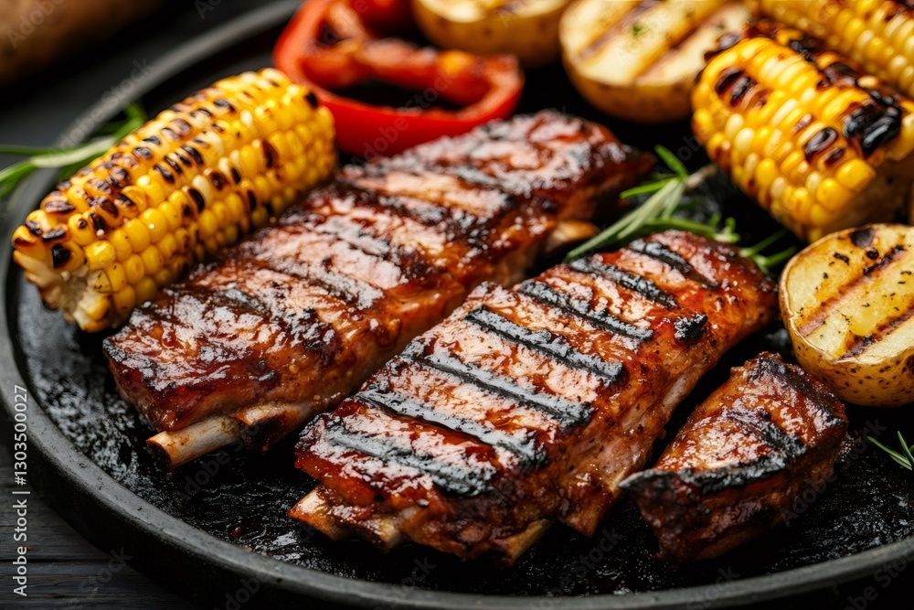 Delicious grilled pork ribs with roasted potatoes and corn on the cob Delicious grilled pork ribs with roasted potatoes and corn on the cob