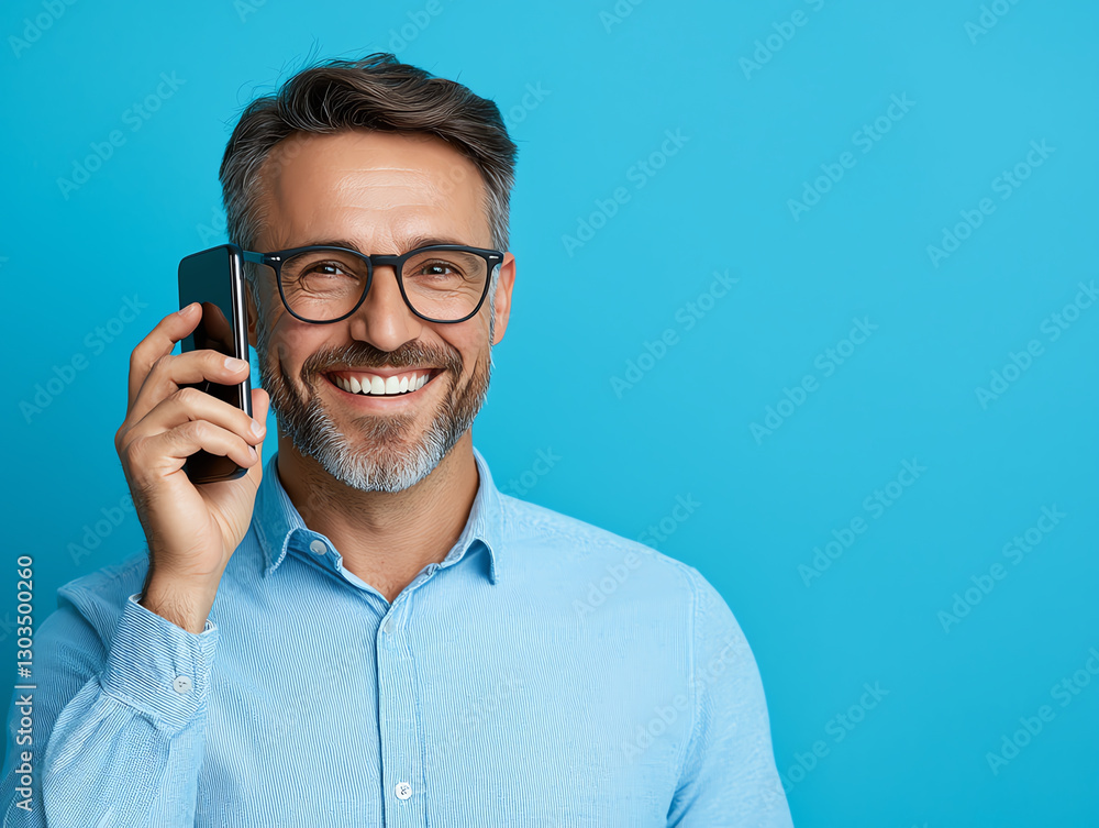 Smiling businessman talking on smartphone against blue background, showcasing confidence and professionalism Smiling businessman talking on smartphone against blue background, showcasing confidence and professionalism