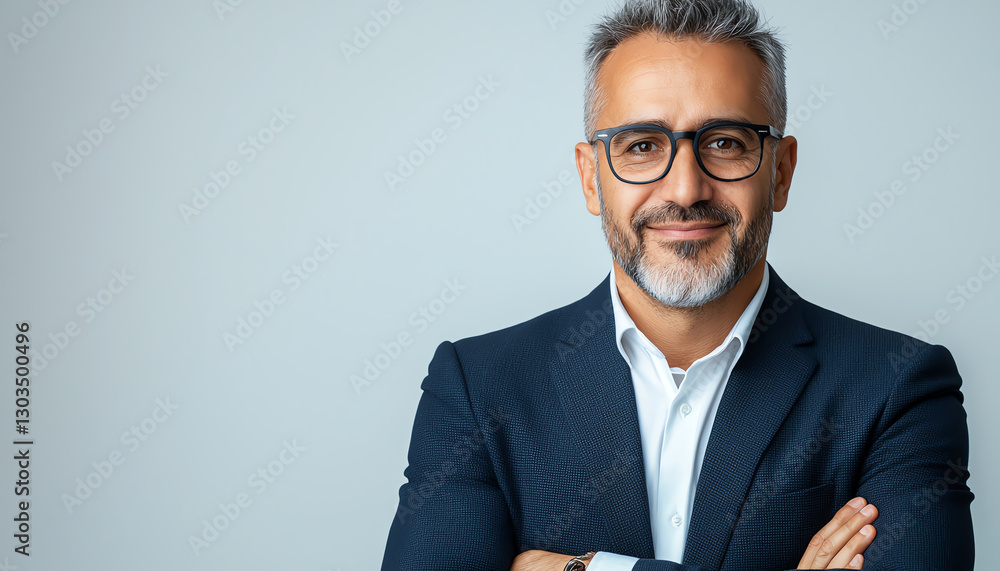 Confident mature businessman with glasses, smiling and dressed in suit. He exudes professionalism and approachability in neutral background Confident mature businessman with glasses, smiling and dressed in suit. He exudes professionalism and approachability in neutral background