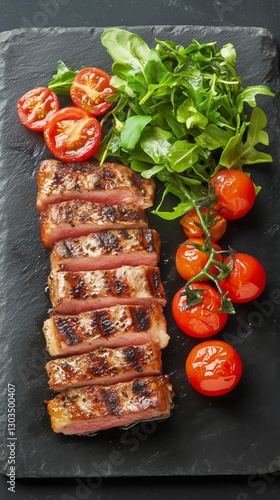 Deliciously Grilled Steak Slices Served With Fresh Greens and Cherry Tomatoes