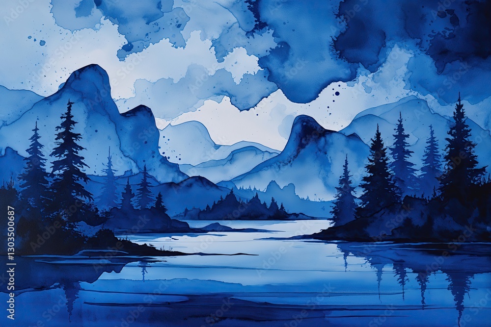 Fototapeta Subtle Royal Blue Ink Wash Texture in Contemporary Landscape Art