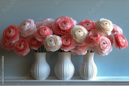 Beautiful Arrangement of Ranunculus Flowers in a Vase by a Window in Soft Mor...
