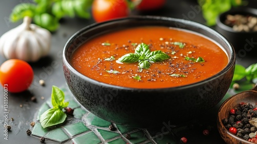 Delicious Tomato Soup Garnished With Basil and Spices in a Rustic Kitchen Set...
