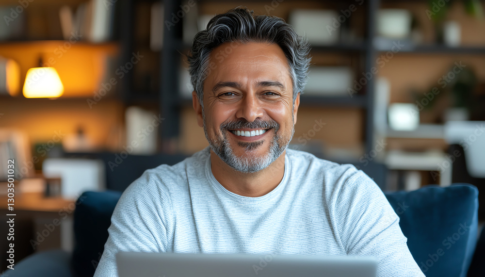 smiling man with gray hair and beard, sitting in cozy living room, using laptop. warm ambiance creates friendly atmosphere smiling man with gray hair and beard, sitting in cozy living room, using laptop. warm ambiance creates friendly atmosphere