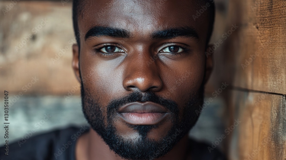Close up portrait of dark-skinned man looking seriously at camera on wooden background. Thoughtful and peaceful facial expression, relaxed and regular mimics of African person with little beard. Close up portrait of dark-skinned man looking seriously at camera on wooden background. Thoughtful and peaceful facial expression, relaxed and regular mimics of African person with little beard.