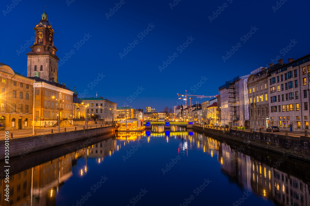 Goteborg, Sweden, canal in the city center illuminated at night