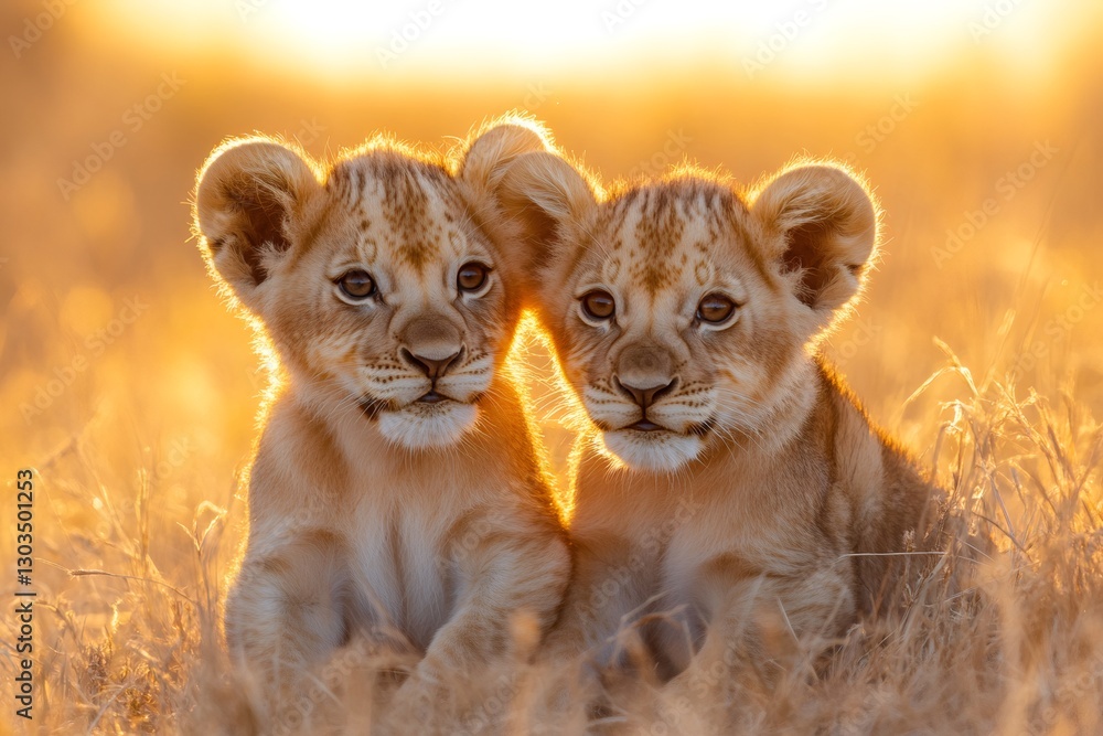 Two lion cubs relaxing in golden sunset light Two lion cubs relaxing in golden sunset light