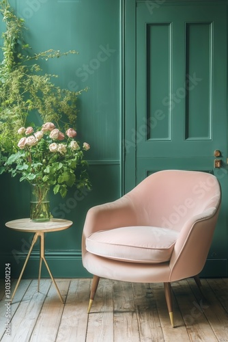 Cozy Corner With Pink Chair and Floral Arrangement in Green Room