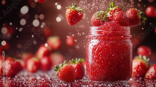 Fresh Strawberries Splash Around a Jar of Homemade Jam in Sunlight