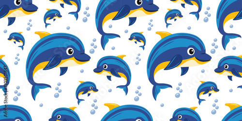 Seamless pattern with cute blue dolphins and bubbles on white background. Cute kids - friendly animal illustration in wonderful sea world concept. For textiles, wallpapers, postcards.