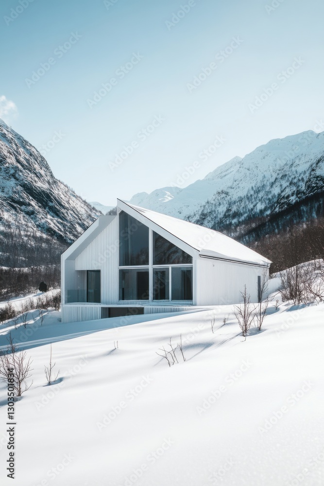 Modern house design surrounded by snow-covered mountains at midday, showcasing large windows and minimalist architecture in a serene winter landscape Modern house design surrounded by snow-covered mountains at midday, showcasing large windows and minimalist architecture in a serene winter landscape