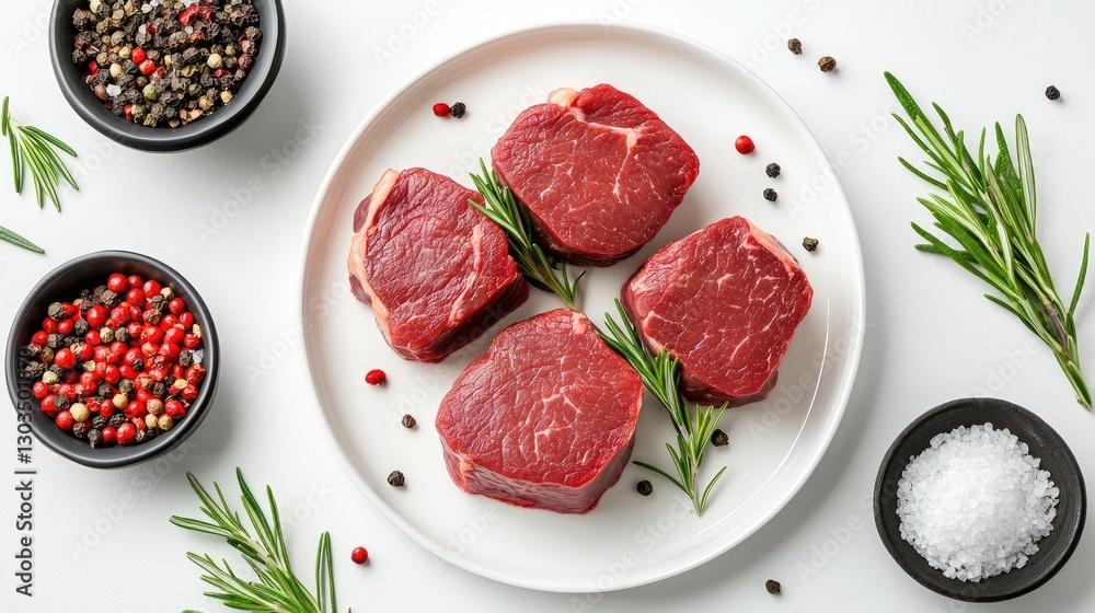 Top-down view of raw beef steaks with coarse sea salt and rosemary, ideal for culinary inspiration. Top-down view of raw beef steaks with coarse sea salt and rosemary, ideal for culinary inspiration.