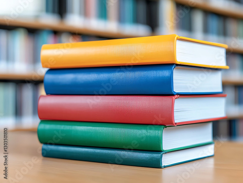 Colorful stacked books on wooden table in library, showcasing knowledge and learning. vibrant covers invite curiosity and exploration of various subjects