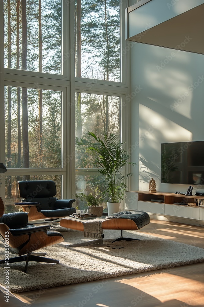 Fototapeta premium Spacious and Modern Living Room With Natural Light and Minimalist Decor in a Contemporary Home