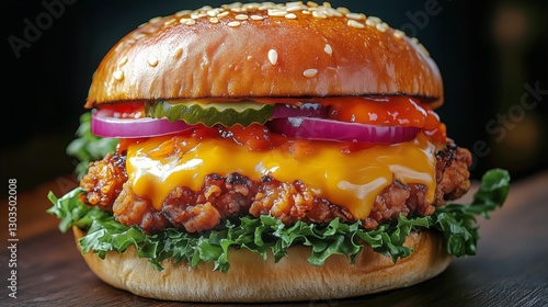 Delicious Sesame Seed Bun Chicken Burger With Melty Cheese and Fresh Toppings