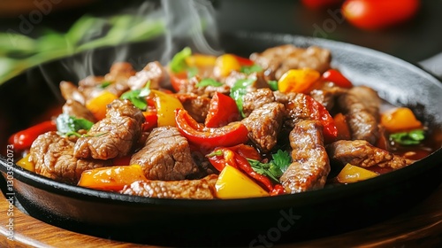 Sizzling Beef Stir Fry With Colorful Vegetables and Herbs on a Black Skillet