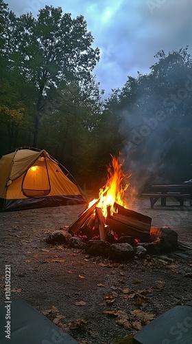 Camping at Dusk With a Warm Campfire and a Glowing Tent in a Tranquil Forest ...