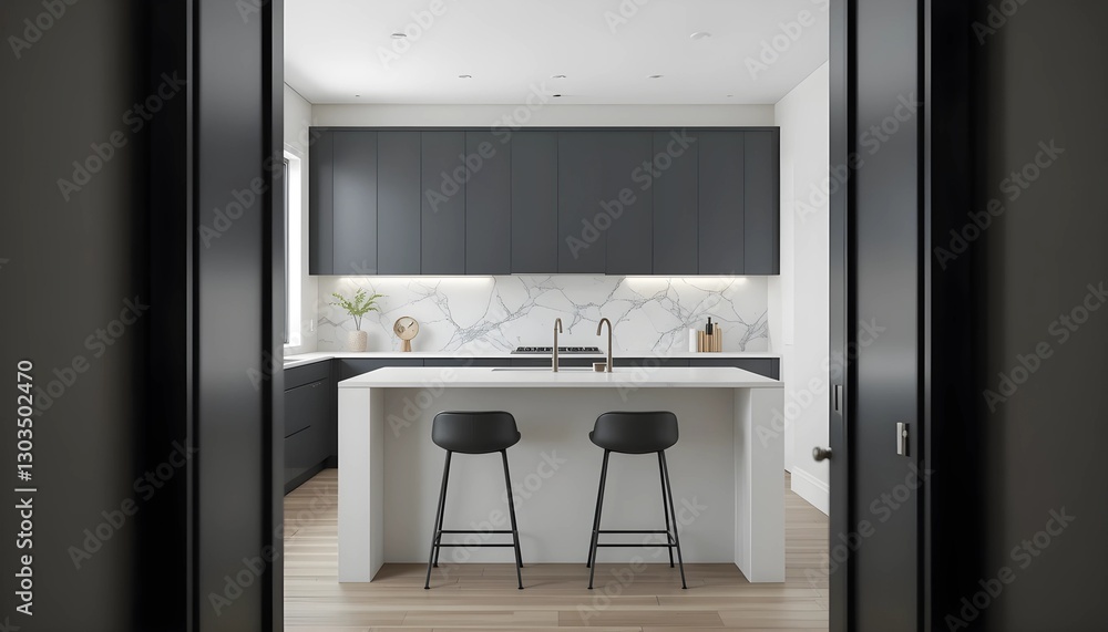 Fototapeta premium Modern Kitchen with White Island and Gray Cabinets