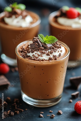 Delicious Chocolate Mousse Dessert Topped With Whipped Cream and Raspberries