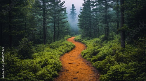 Lush Forest Path Winding Through Tall Pine Trees in Serene Nature