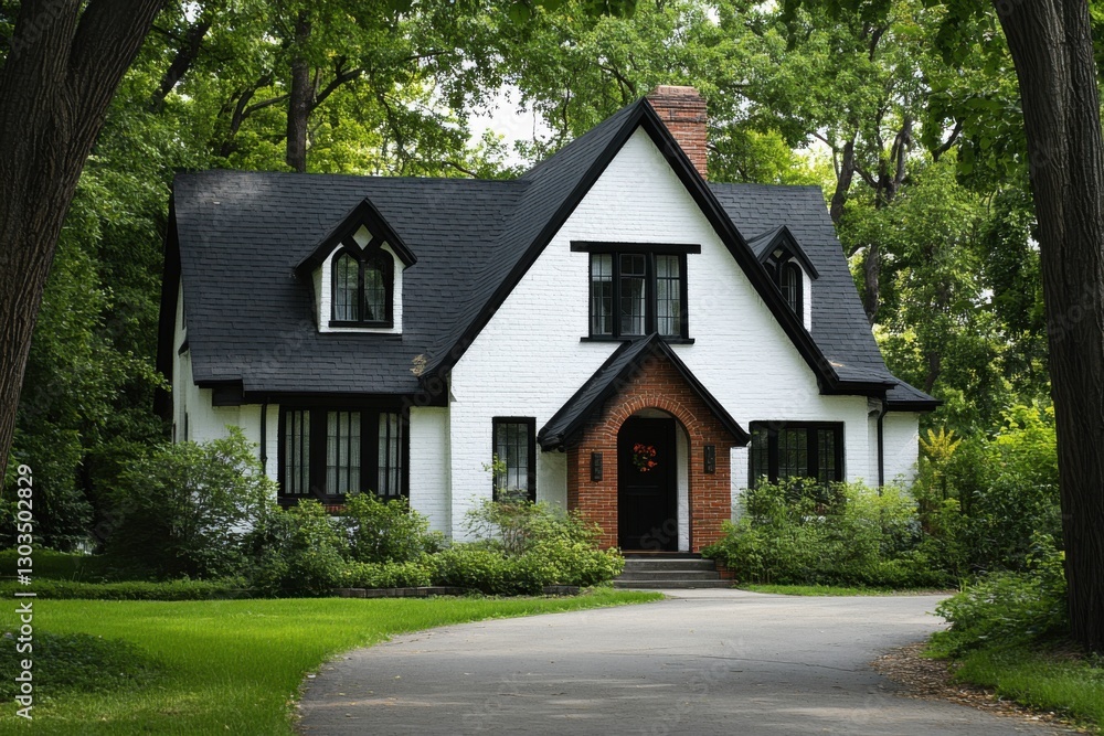 Nestled in a serene neighborhood, this delightful white cottage with a striking black roof is beautifully enveloped by vibrant, lush greenery under a bright sunny sky Nestled in a serene neighborhood, this delightful white cottage with a striking black roof is beautifully enveloped by vibrant, lush greenery under a bright sunny sky