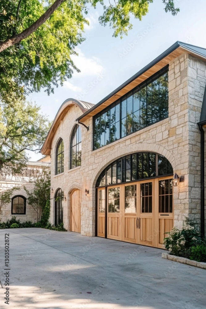 Elegant stone house with large windows and wooden accents surrounded by greenery in a serene residential neighborhood during daytime Elegant stone house with large windows and wooden accents surrounded by greenery in a serene residential neighborhood during daytime
