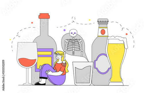 Woman suffer from alcoholism. Young girl sitting near bottles and glasses with beer. Person suffer from alcohol addiction. Mental and psychological problems. Linear vector illustration