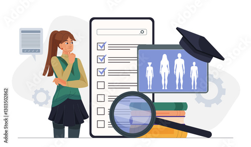 Anatomy lesson in online school. Woman standing near clipboard, magnifying glass and body structure. Remote education and learning. Biology and anatomy studying. Flat vector illustration
