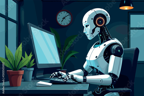 AI robot automating business processes in a high-tech office