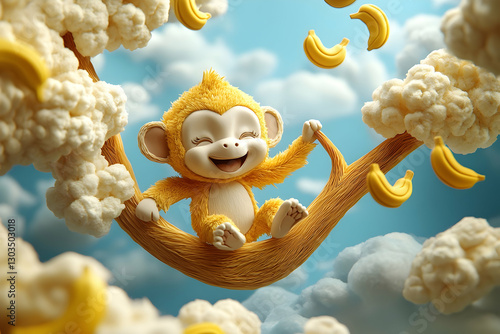 Playful yellow monkey on a popcorn branch with bananas, cheerful digital art photo