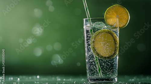 Refreshing Beverage With Lemon Slices in a Glass Against a Simple Green Backg...