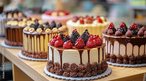 Colorful Display of Assorted Fruit Cheesecakes in a Bakery During a Sunny Aft...