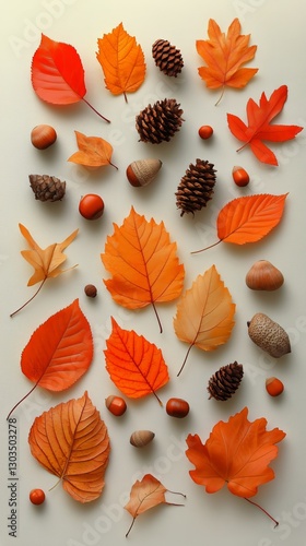 Colorful Autumn Leaves and Pinecones Arranged on a Light Background in a Crea...