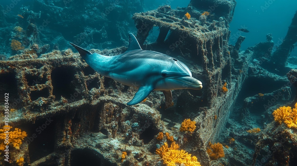 Fototapeta premium A dolphin swimming near an ancient shipwreck with coral and marine life reclaiming the site. Generative AI