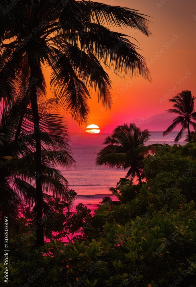 Fototapeta premium stunning vibrant tropical sunset framed lush foliage creating exquisite tropical scene, orange, red, clouds, golden, light, view, nature, plant, exotic