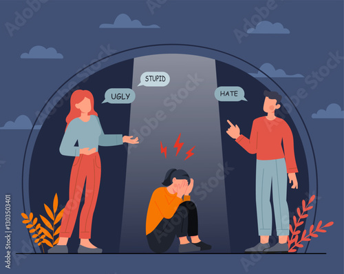Woman suffer from bullying. Teenagers abuses young girl. Suffer from insults and bullying. Negative feelings and emotions. Mental and psychological trauma. Flat vector illustration