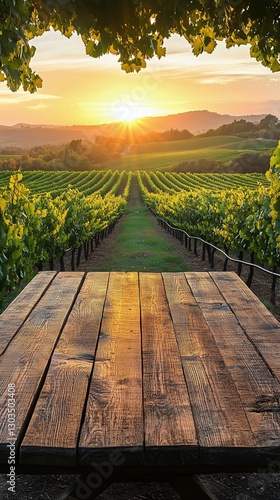 Sunset View Over Vineyard With Wooden Table and Flower Pot in Serene Countrys...