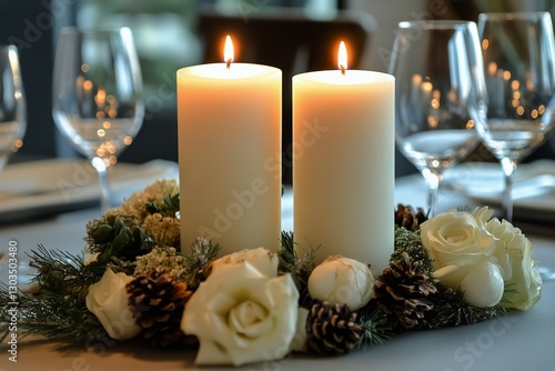 Elegant Candle Display With White Roses and Pinecones for a Festive Table Set...